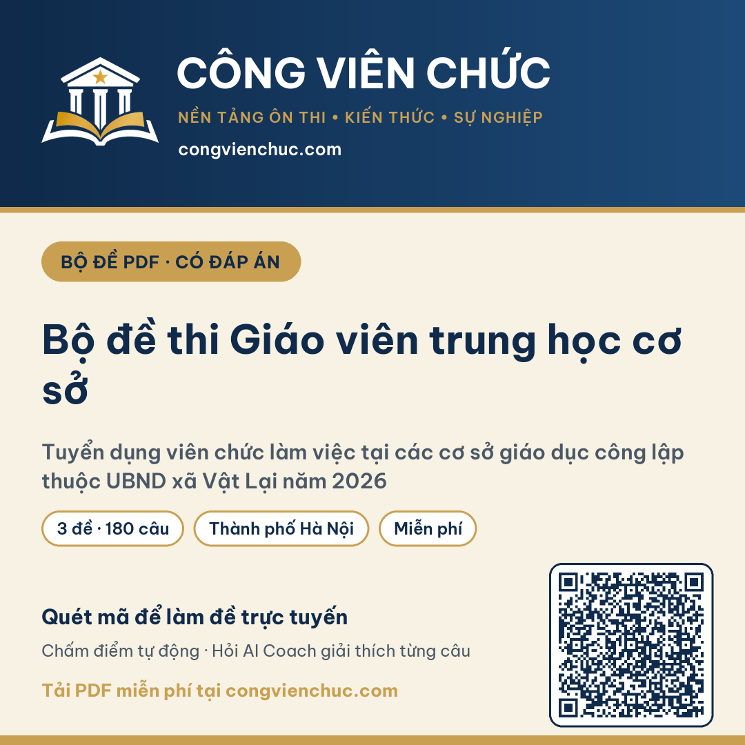Ảnh bìa Bộ đề thi Giáo viên trung học cơ sở – Tuyển dụng viên chức làm việc tại các cơ sở giáo dục công lập thuộc UBND xã Vật Lại năm 2026