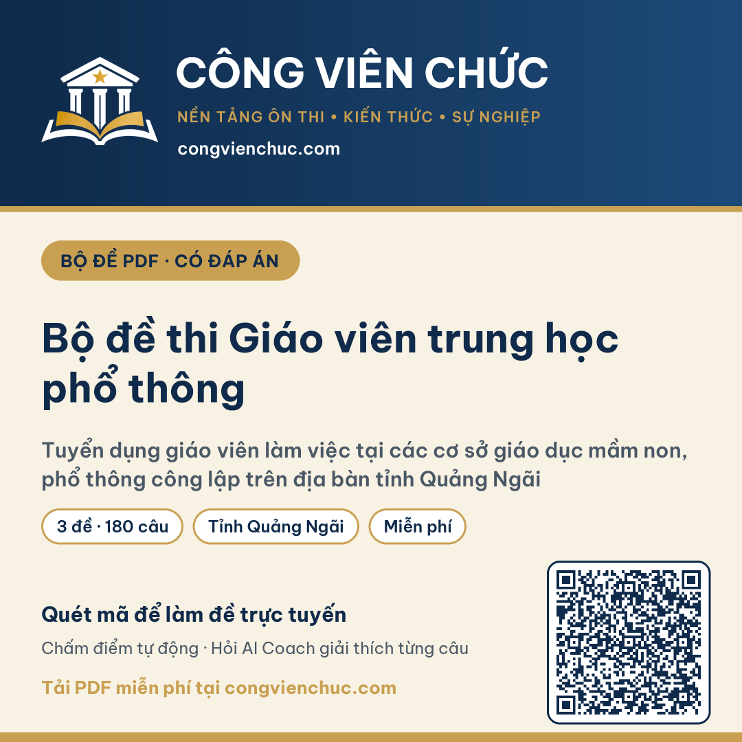Ảnh bìa Bộ đề thi Giáo viên trung học phổ thông – Tuyển dụng giáo viên làm việc tại các cơ sở giáo dục mầm non, phổ thông công lập trên địa bàn tỉnh Quảng Ngãi