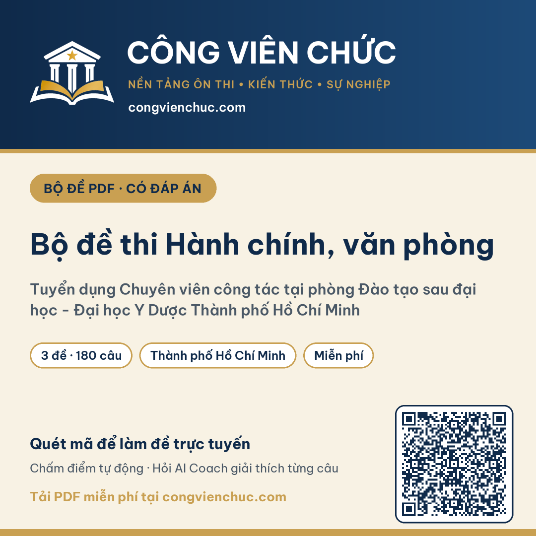 Ảnh bìa Bộ đề thi Hành chính, văn phòng – Tuyển dụng Chuyên viên công tác tại phòng Đào tạo sau đại học - Đại học Y Dược Thành phố Hồ Chí Minh