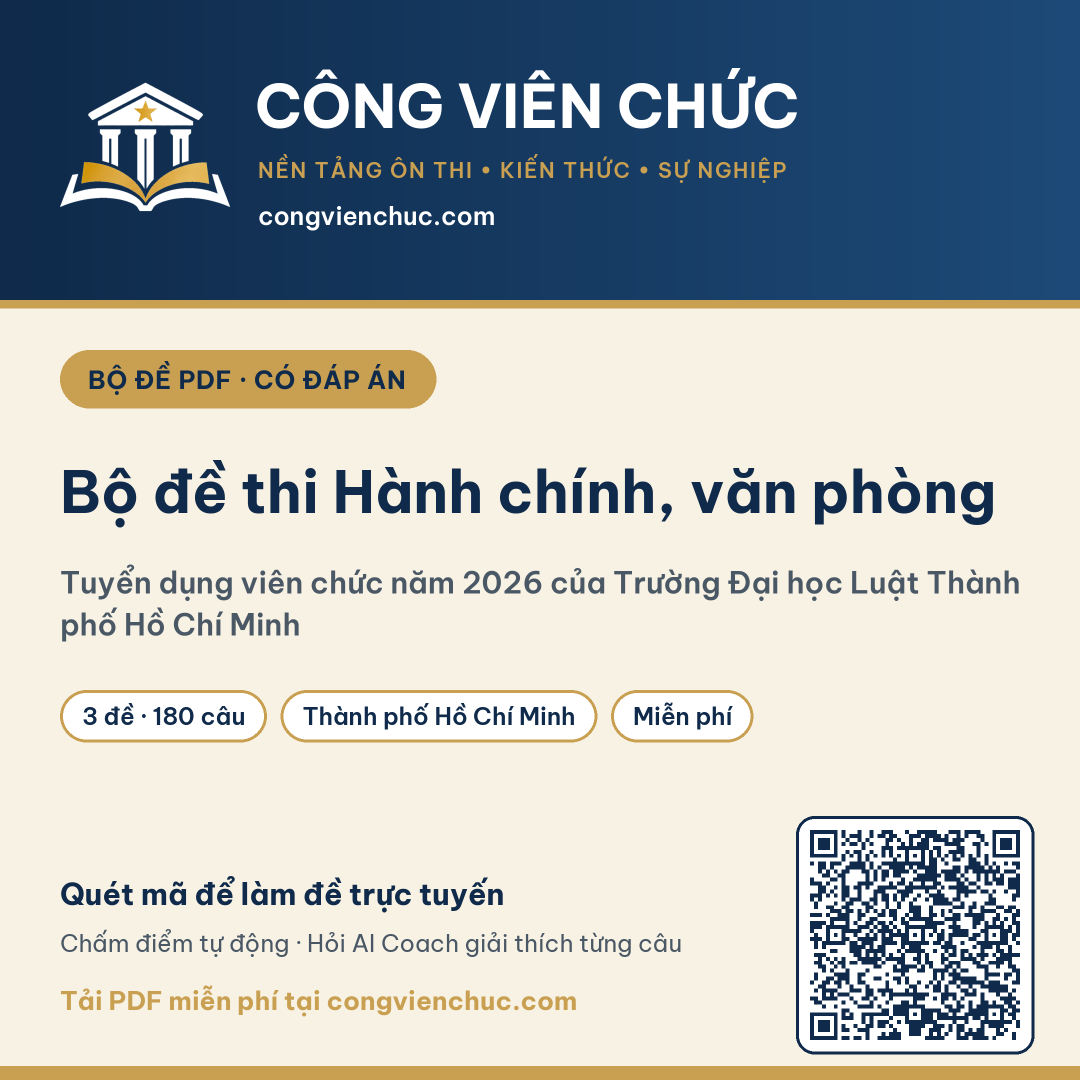 Ảnh bìa Bộ đề thi Hành chính, văn phòng – Tuyển dụng viên chức năm 2026 của Trường Đại học Luật Thành phố Hồ Chí Minh