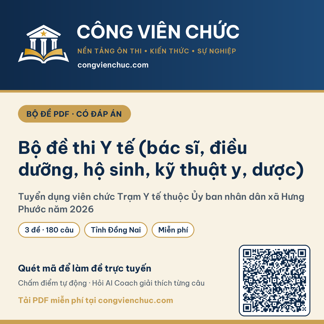 Ảnh bìa Bộ đề thi Y tế (bác sĩ, điều dưỡng, hộ sinh, kỹ thuật y, dược) – Tuyển dụng viên chức Trạm Y tế thuộc Ủy ban nhân dân xã Hưng Phước năm 2026